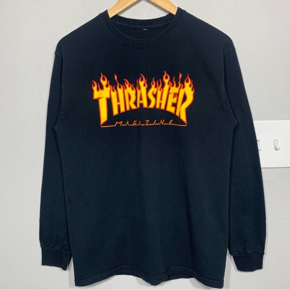 Thrasher‎ Magazine Flames Logo Black Long Sleeve Tee Skater Y2K Medium - Picture 1 of 6